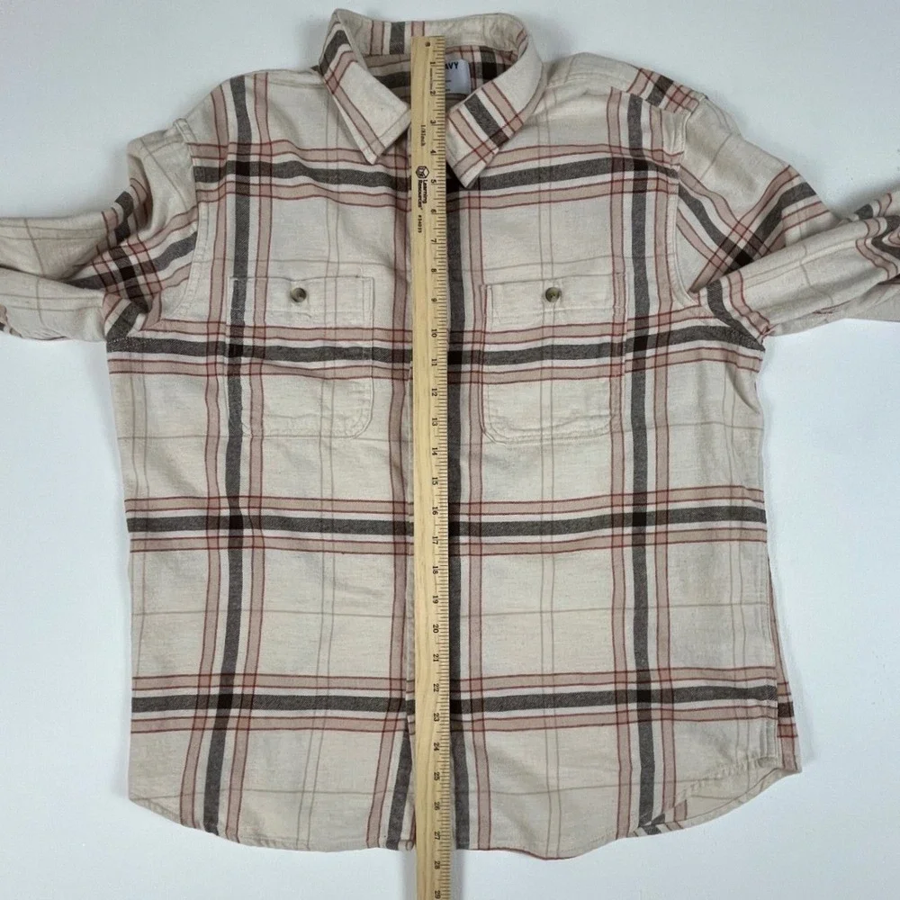Old Navy Mens XL Double Brushed Flannel‎ Shirt Plaid Cream Brown Long Sleeve